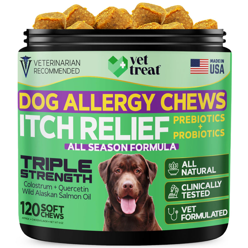 Vet Treat - Dog Allergy Relief Chews -Made in USA- Probiotics & Salmon Oil - Itch Relief Hot Spots Dry Skin Seasonal Allergy - Anti Itch Skin & Coat Supplement for Dogs - 120 Soft Treats (Chicken)