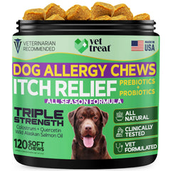 Vet Treat - Dog Allergy Relief Chews -Made in USA- Probiotics & Salmon Oil - Itch Relief Hot Spots Dry Skin Seasonal Allergy - Anti Itch Skin & Coat Supplement for Dogs - 120 Soft Treats (Chicken)